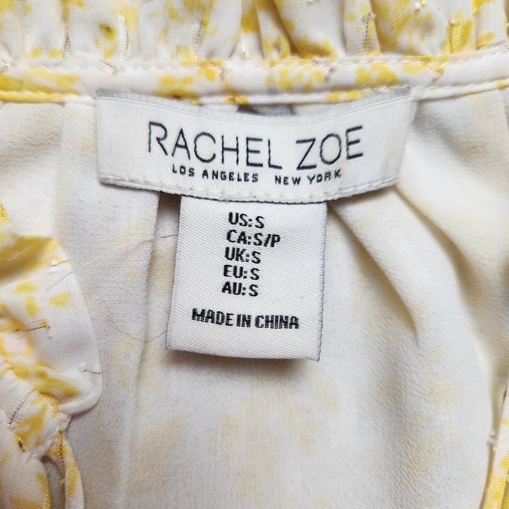 Blouse Pullover style Ruffle neckline Puff sleeves Yellow white gold RACHEL ZOE - Picture 14 of 16